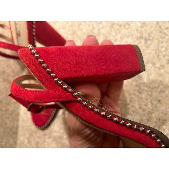 Liliana Red suede 4.5 inch heel clear toe strap gold accents Size 7 - Picture 9 of 10